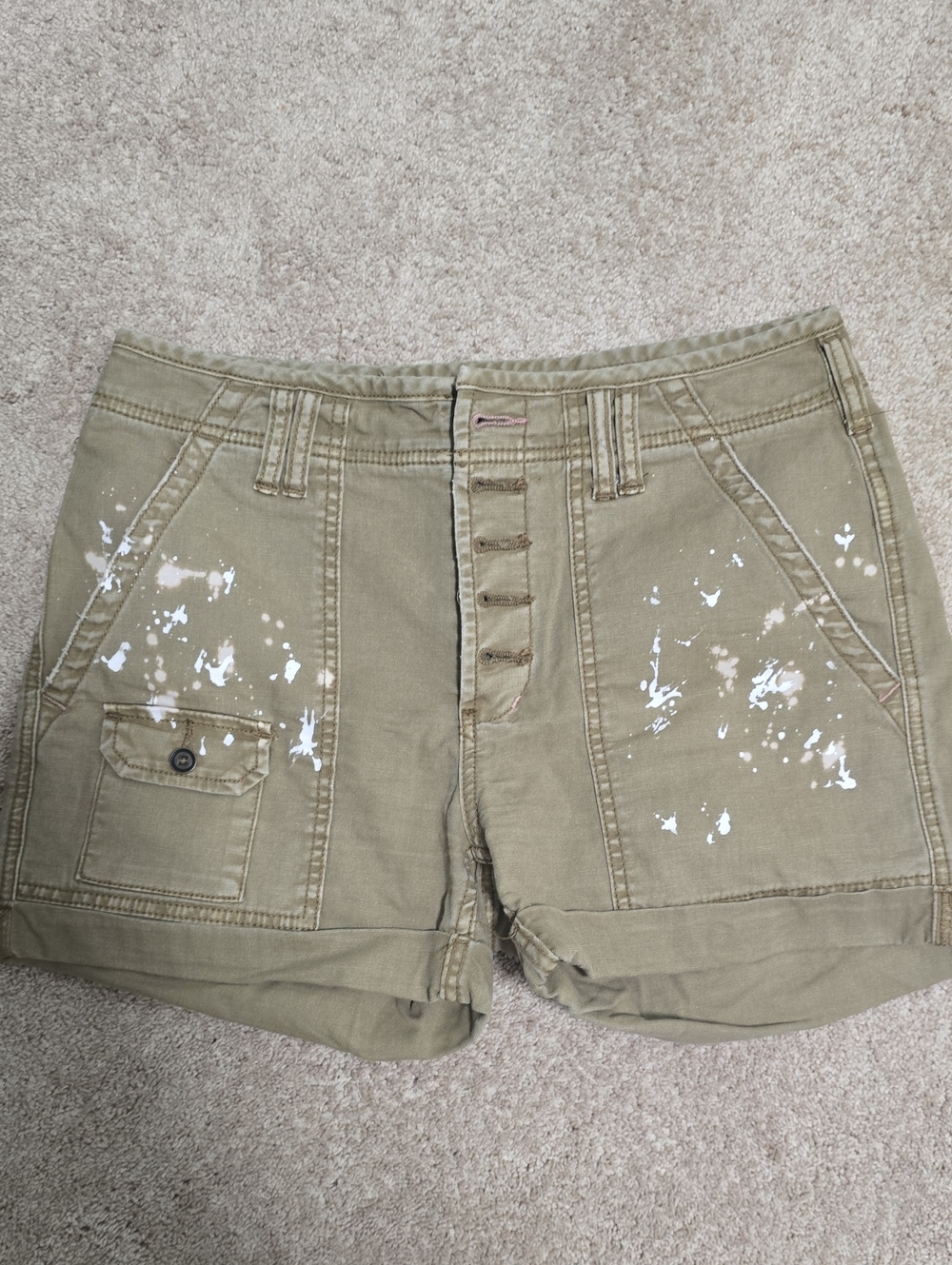 Anthropologie Olive Green Cargo Shorts with White Paint Splatter